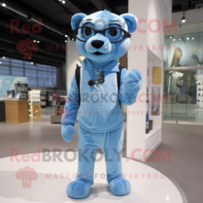 Sky Blue Panther mascot costume character dressed with a Playsuit and Eyeglasses