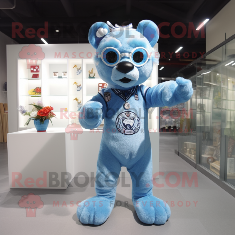 Sky Blue Panther mascot costume character dressed with a Playsuit and Eyeglasses