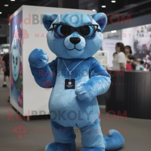 Sky Blue Panther mascot costume character dressed with a Playsuit and Eyeglasses