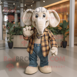 Beige Elephant mascot costume character dressed with a Flannel Shirt and Rings