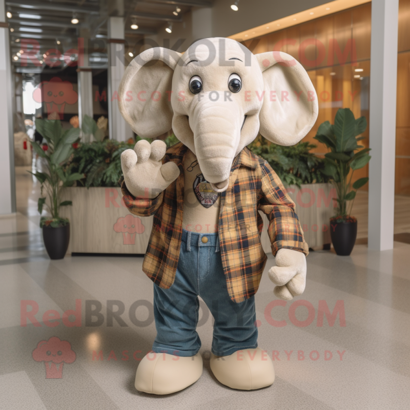 Beige Elephant mascot costume character dressed with a Flannel Shirt and Rings Beige Elephant mascot costume character dressed with a Flannel Shirt and Rings