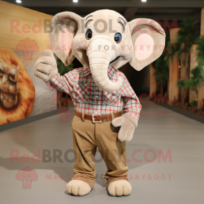 Beige Elephant mascot costume character dressed with a Flannel Shirt and Rings