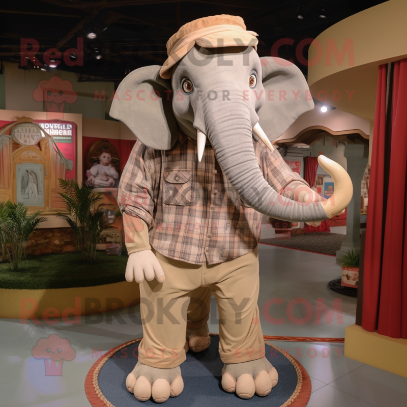Beige Elephant mascot costume character dressed with a Flannel Shirt and Rings Beige Elephant mascot costume character dressed with a Flannel Shirt and Rings
