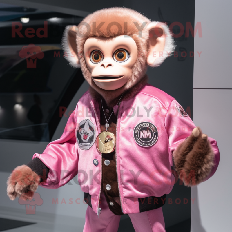 Pink Capuchin Monkey mascot costume character dressed with a Bomber Jacket and Keychains