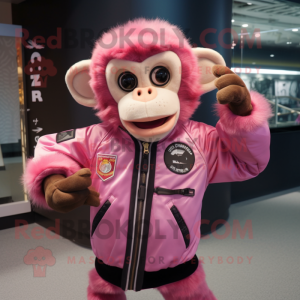 Pink Capuchin Monkey mascot costume character dressed with a Bomber Jacket and Keychains