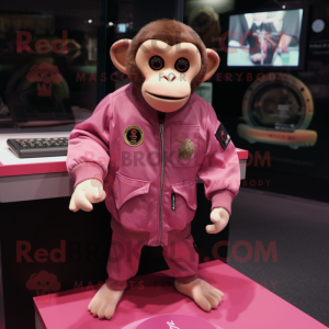 Pink Capuchin Monkey mascot costume character dressed with a Bomber Jacket and Keychains