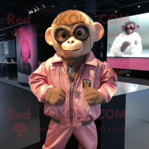 Pink Capuchin Monkey mascot costume character dressed with a Bomber Jacket and Keychains