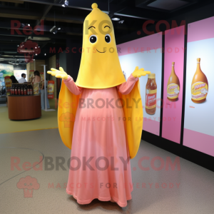 Pink Bottle Of Mustard mascot costume character dressed with a Dress and Shawl pins