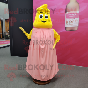 Pink Bottle Of Mustard mascot costume character dressed with a Dress and Shawl pins