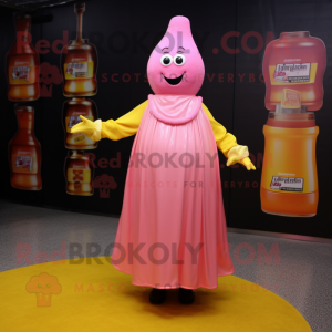 Pink Bottle Of Mustard mascot costume character dressed with a Dress and Shawl pins