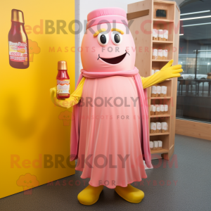 Pink Bottle Of Mustard mascot costume character dressed with a Dress and Shawl pins
