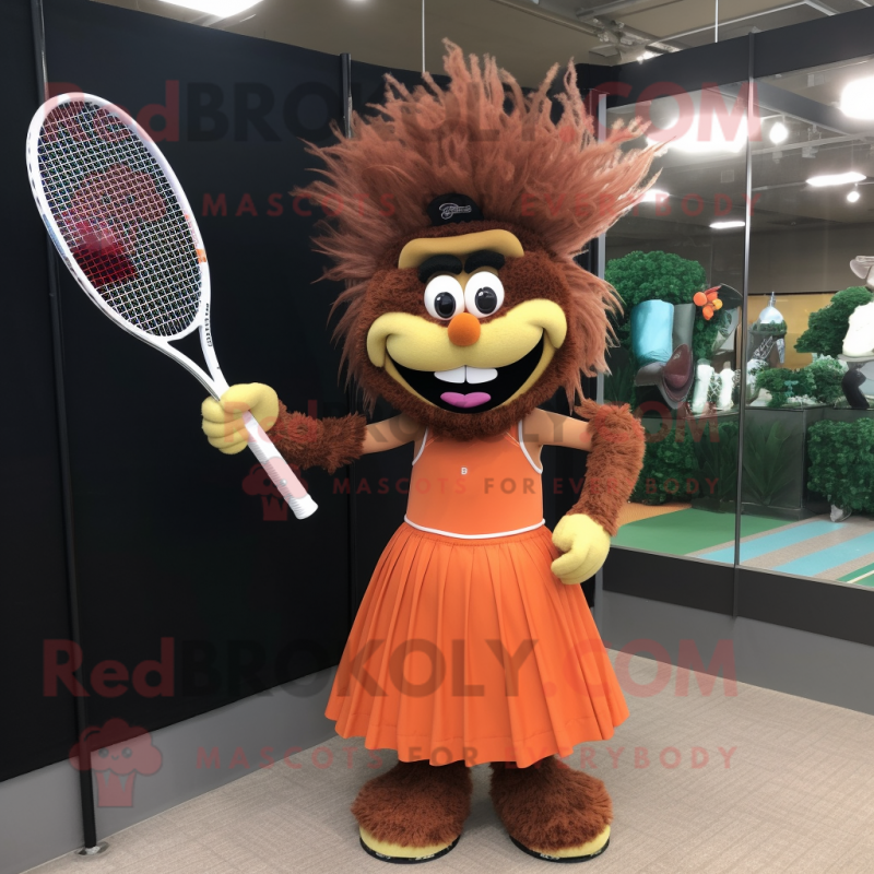 Rust Tennis Racket mascot costume character dressed with a Evening Gown and Hair clips