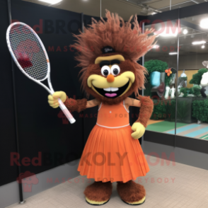 Rust Tennis Racket mascot costume character dressed with a Evening Gown and Hair clips