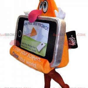 Grijze mobiele telefoonmascotte op grappige vertoning -