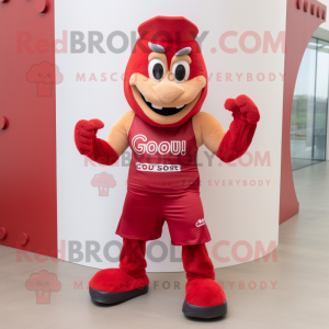 Red Goulash mascot costume character dressed with a Tank Top and Foot pads
