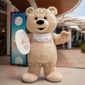 Beige Teddy Bear mascot costume character dressed with a Swimwear and Mittens