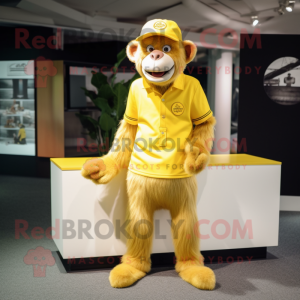 Lemon Yellow Baboon mascot costume character dressed with a Henley Shirt and Caps