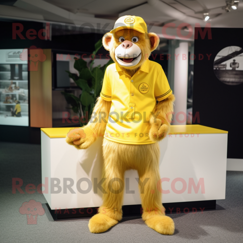 Lemon Yellow Baboon mascot costume character dressed with a Henley Shirt and Caps