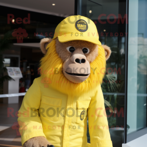 Lemon Yellow Baboon mascot costume character dressed with a Henley Shirt and Caps