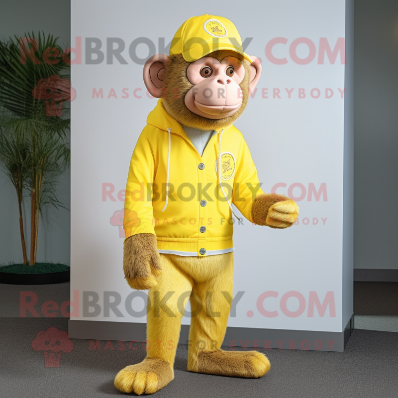 Lemon Yellow Baboon mascot costume character dressed with a Henley Shirt and Caps Lemon Yellow Baboon mascot costume character dressed with a Henley Shirt and Caps