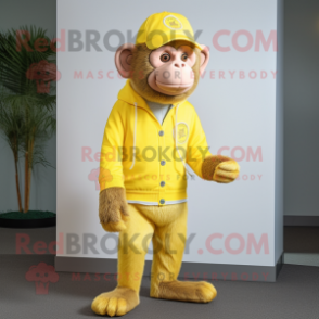 Lemon Yellow Baboon mascot costume character dressed with a Henley Shirt and Caps