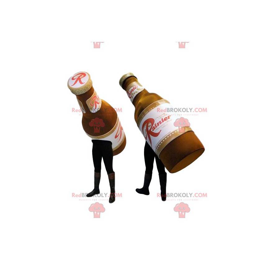 Mascotas de dos botellas de cerveza. Traje de cerveza -