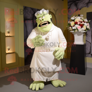 Cream Frankenstein'S Monster mascot costume character dressed with a Wedding Dress and Belts