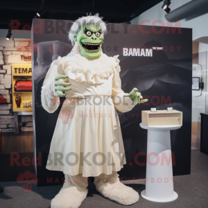 Cream Frankenstein'S Monster mascot costume character dressed with a Wedding Dress and Belts