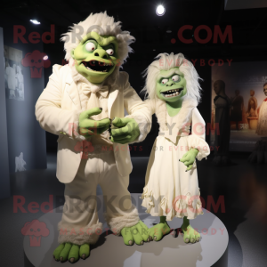 Cream Frankenstein'S Monster mascot costume character dressed with a Wedding Dress and Belts