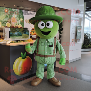 Green Tomato mascot costume character dressed with a T-Shirt and Berets