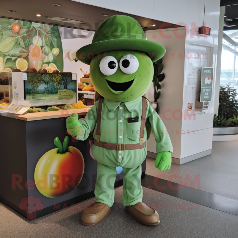Green Tomato mascot costume character dressed with a T-Shirt and Berets Green Tomato mascot costume character dressed with a T-Shirt and Berets