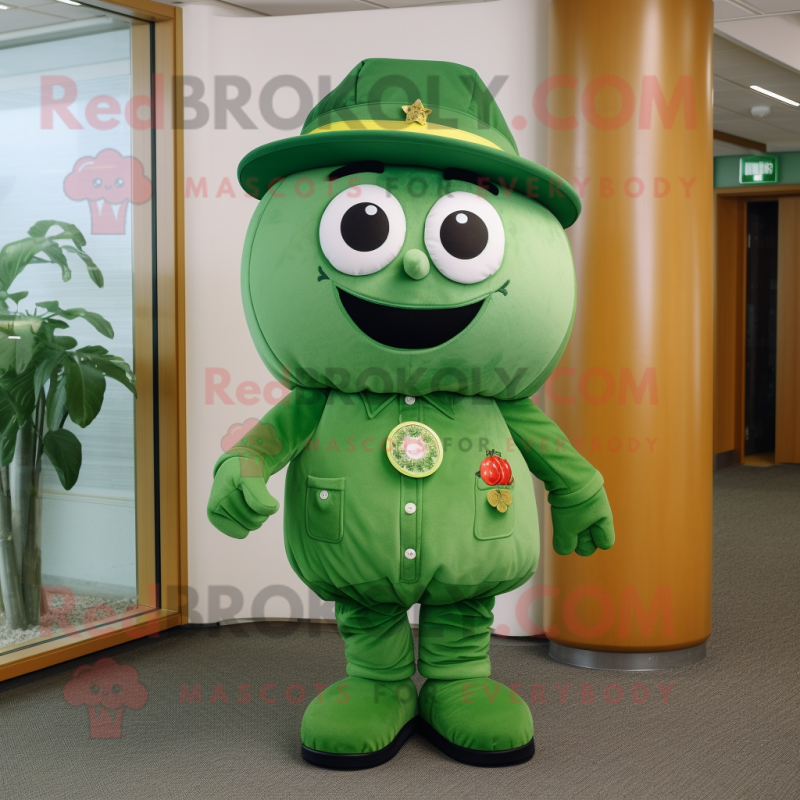 Green Tomato mascot costume character dressed with a T-Shirt and Berets