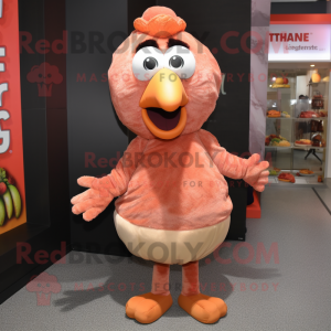 Peach Turkey mascot costume character dressed with a T-Shirt and Mittens