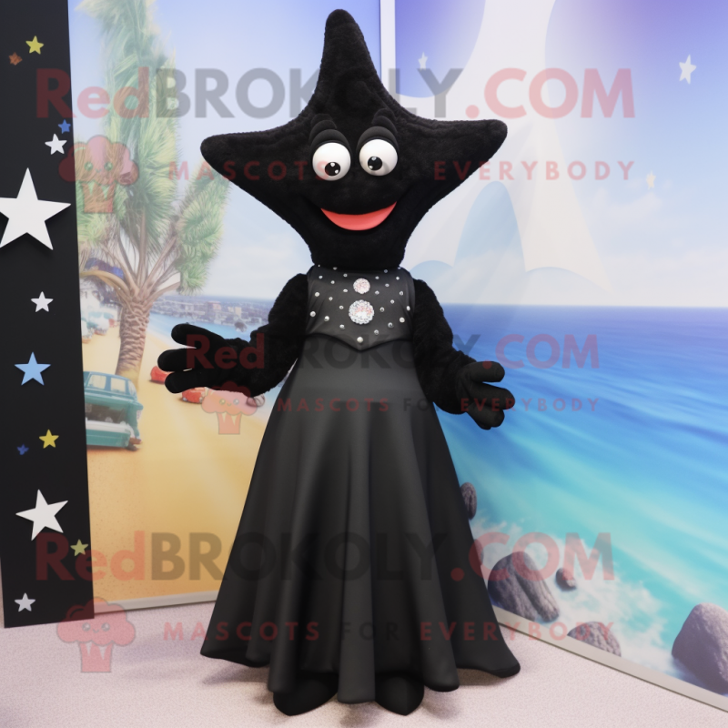 Black Starfish mascot costume character dressed with a Maxi Dress and Brooches