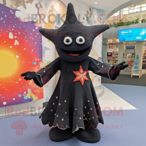 Black Starfish mascot costume character dressed with a Maxi Dress and Brooches