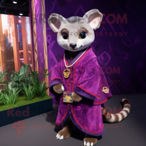 Purple Civet mascot costume character dressed with a Playsuit and Shawls