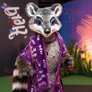 Purple Civet mascot costume character dressed with a Playsuit and Shawls