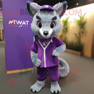 Purple Civet mascot costume character dressed with a Playsuit and Shawls