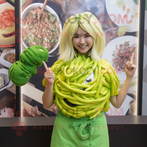 Lime Green Ramen mascot costume character dressed with a Blouse and Hairpins