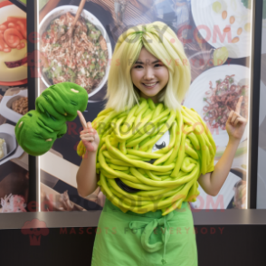 Lime Green Ramen mascot costume character dressed with a Blouse and Hairpins