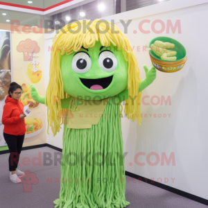 Lime Green Ramen mascot costume character dressed with a Blouse and Hairpins