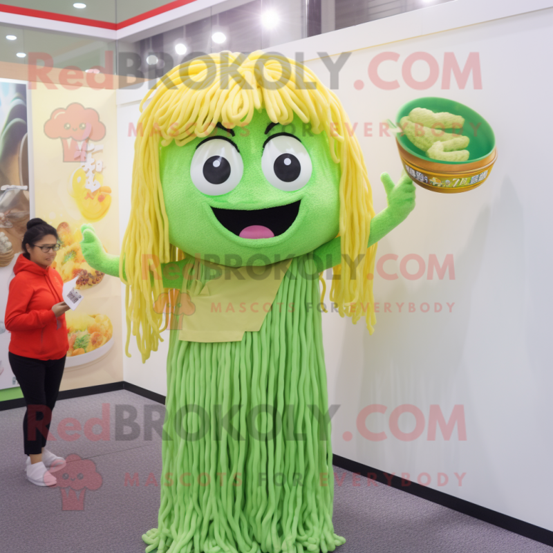 Lime Green Ramen mascot costume character dressed with a Blouse and Hairpins Lime Green Ramen mascot costume character dressed with a Blouse and Hairpins