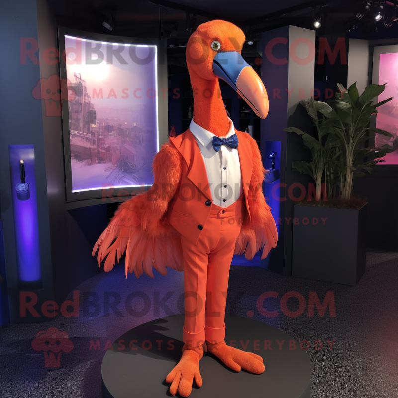 Orange Flamingo mascot costume character dressed with a Waistcoat and Lapel pins