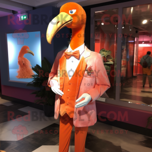 Orange Flamingo mascot costume character dressed with a Waistcoat and Lapel pins