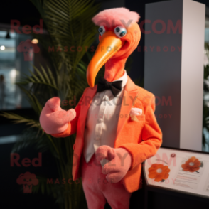 Orange Flamingo mascot costume character dressed with a Waistcoat and Lapel pins