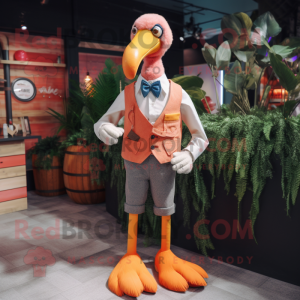 Orange Flamingo mascot costume character dressed with a Waistcoat and Lapel pins