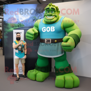 Green Strongman mascot costume character dressed with a Maxi Dress and Smartwatches