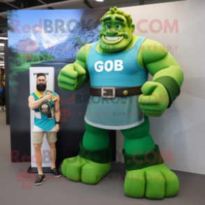 Green Strongman mascot costume character dressed with a Maxi Dress and Smartwatches