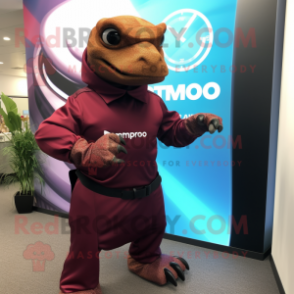 Maroon Komodo Dragon mascot costume character dressed with a Sheath Dress and Smartwatches