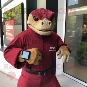 Maroon Komodo Dragon mascot costume character dressed with a Sheath Dress and Smartwatches
